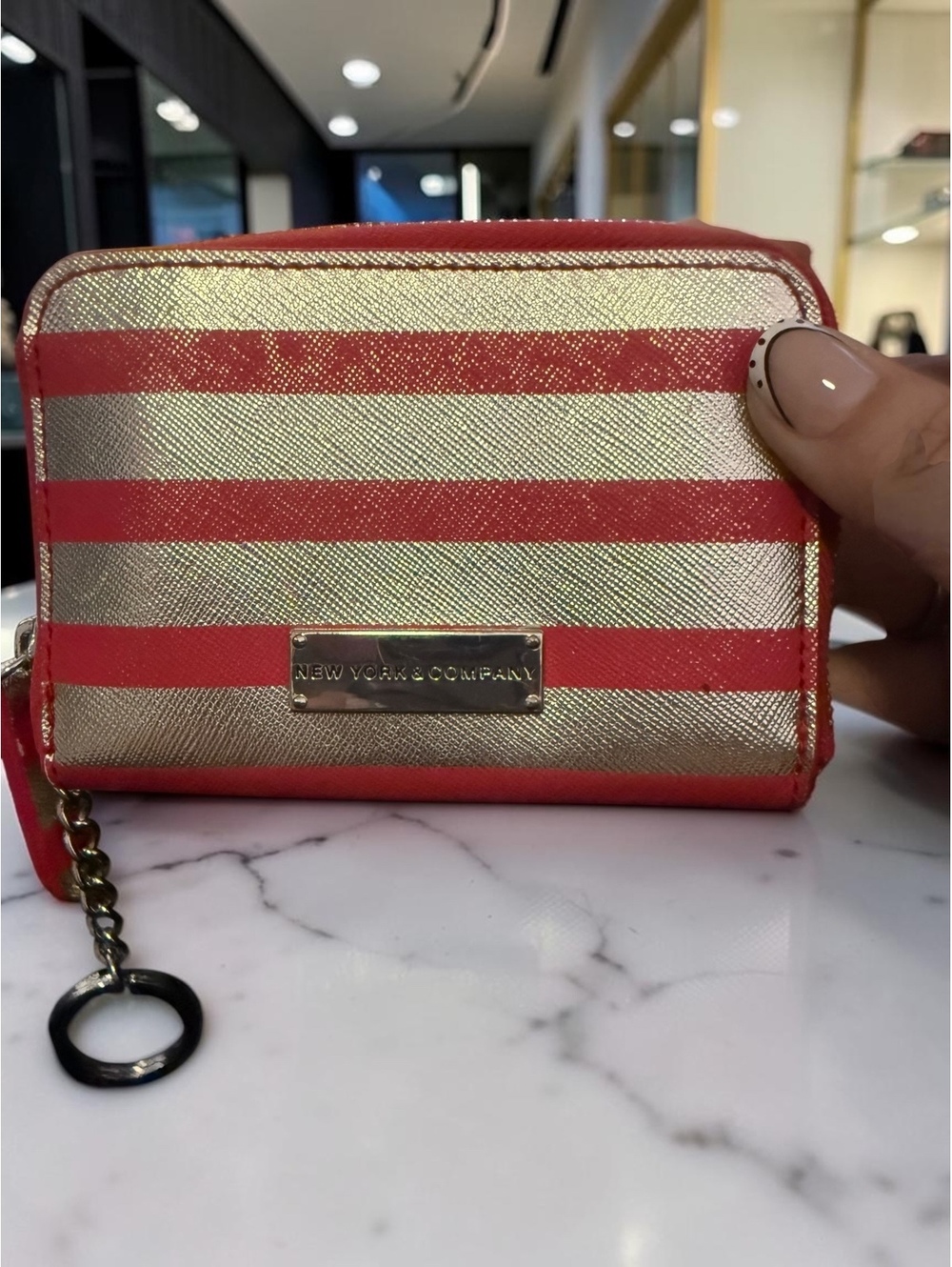 New York & Company Gold Coral Striped Zip Around Wallet Wristlet Metallic